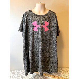 Under Armour YXL Gray Heather Pink Logo Heat Gear short sleeve Top, EUC Running